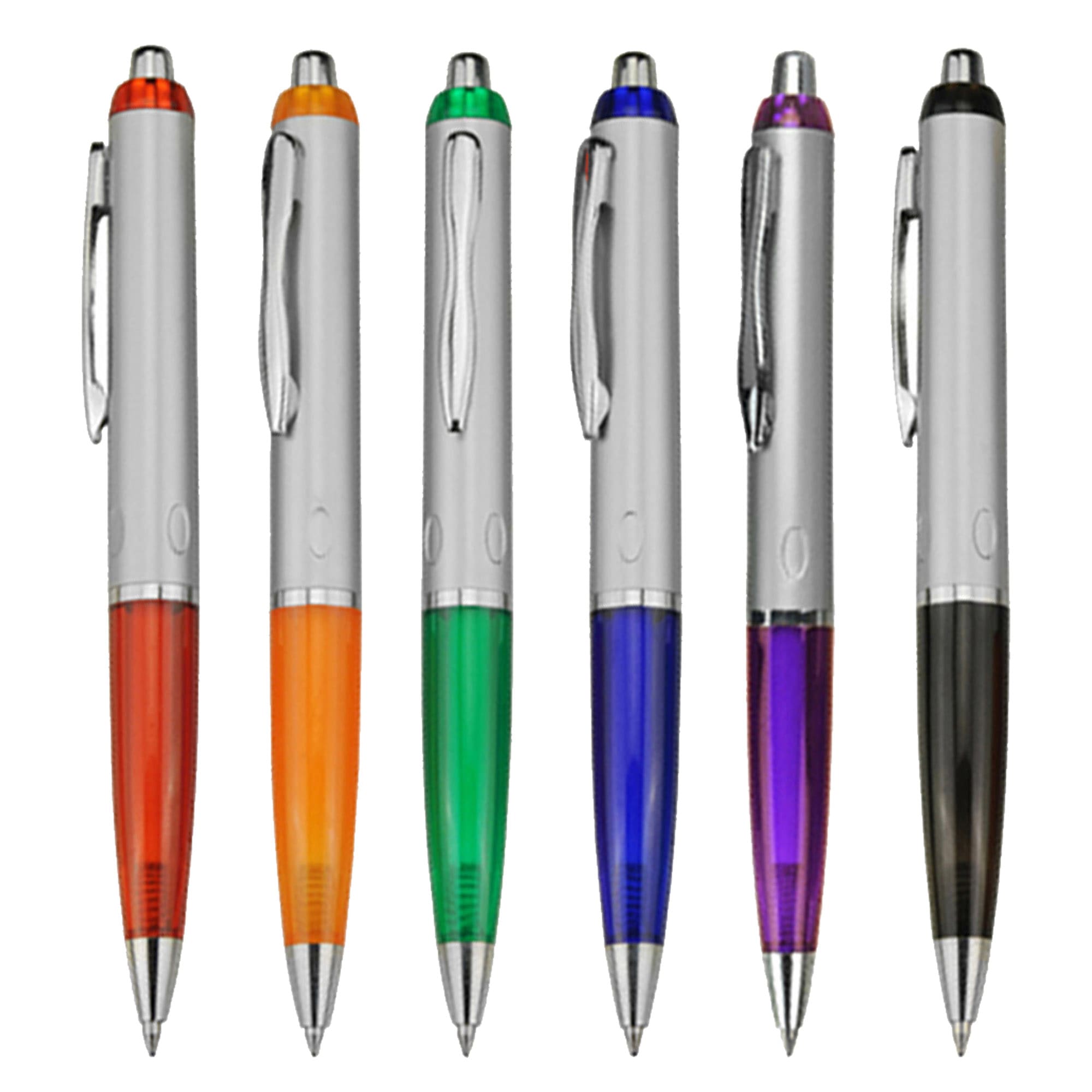A collection of plastic pens in orange, green, blue, purple, and black, featuring silver accents and logos. Opus - Image 1
