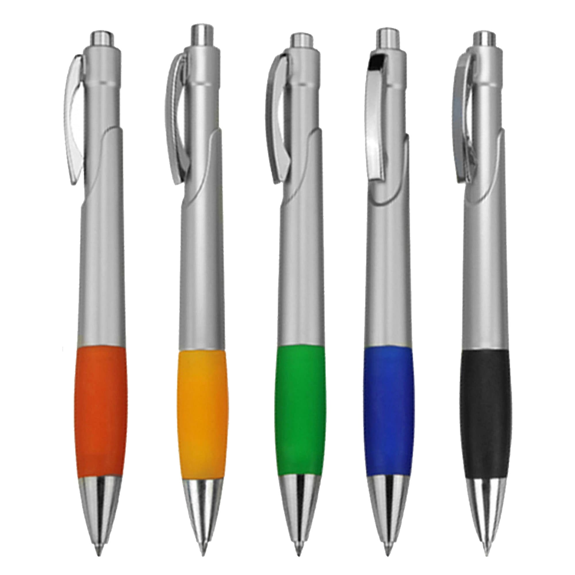 A set of five plastic pens featuring silver bodies and coloured grips in orange, yellow, green, blue, and black. Diva - Image 1