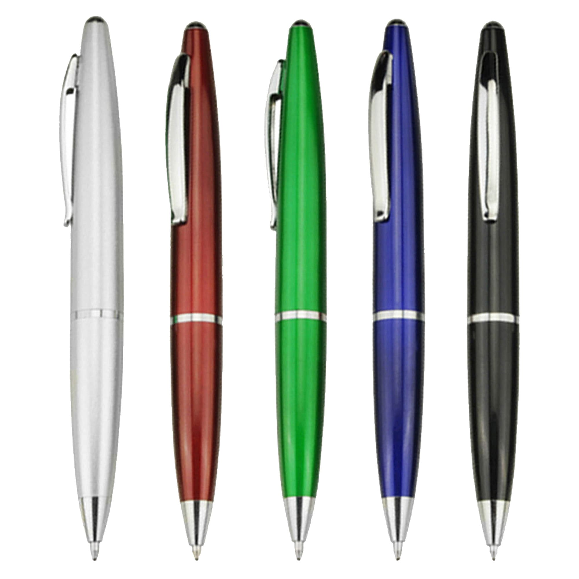 A set of five plastic pens in silver, red, green, blue, and black with a shiny finish and a logo. Prestige - Image 1