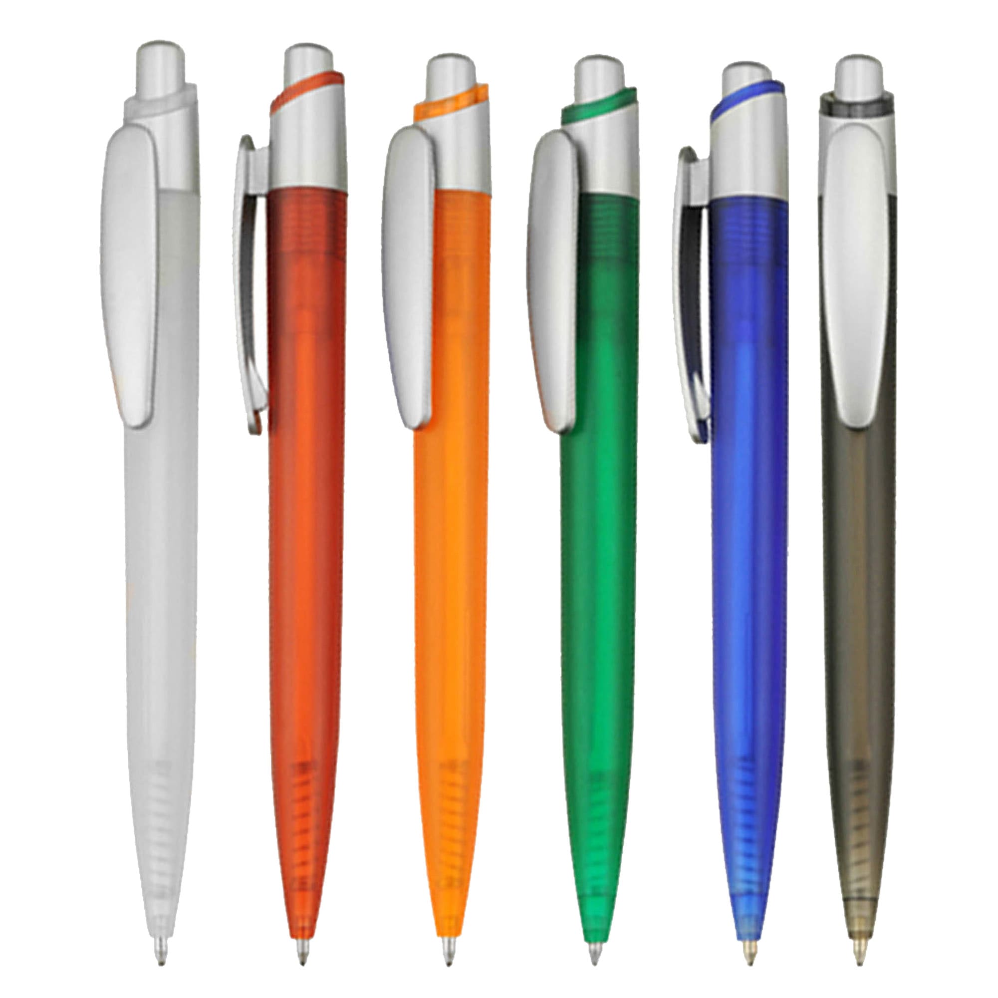 A collection of plastic pens in clear, orange, green, blue, and brown with silver accents and clips. Sabre - Image 1