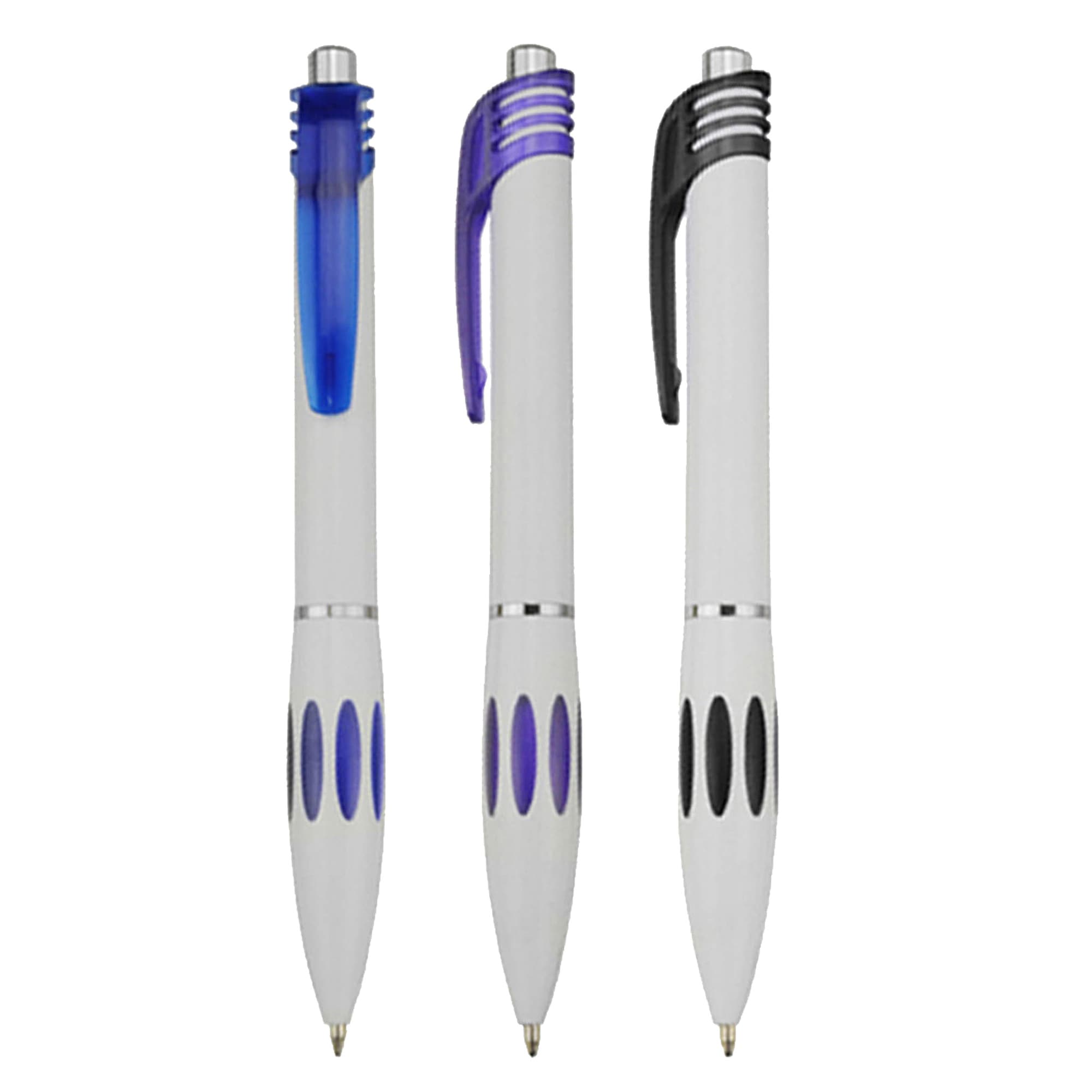 Three plastic pens in white with blue, purple, and black accents, featuring a logo on each pen. Circus - Image 1