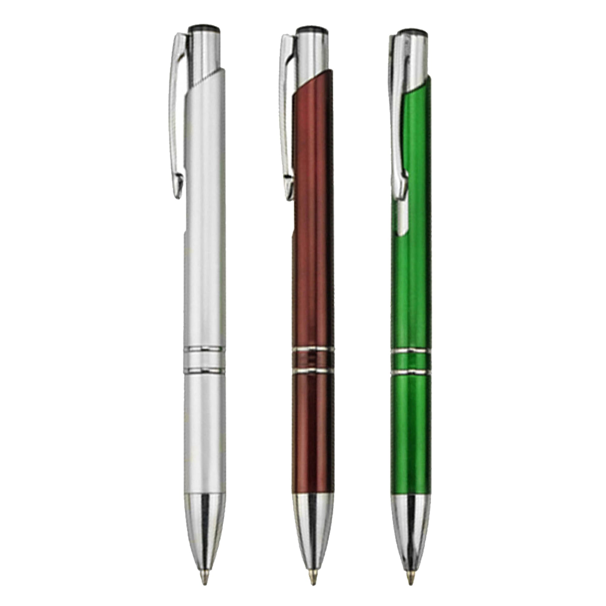 Three plastic pens in silver, burgundy, and green, featuring a logo on the barrel and a sleek design. Interlude - Image 1