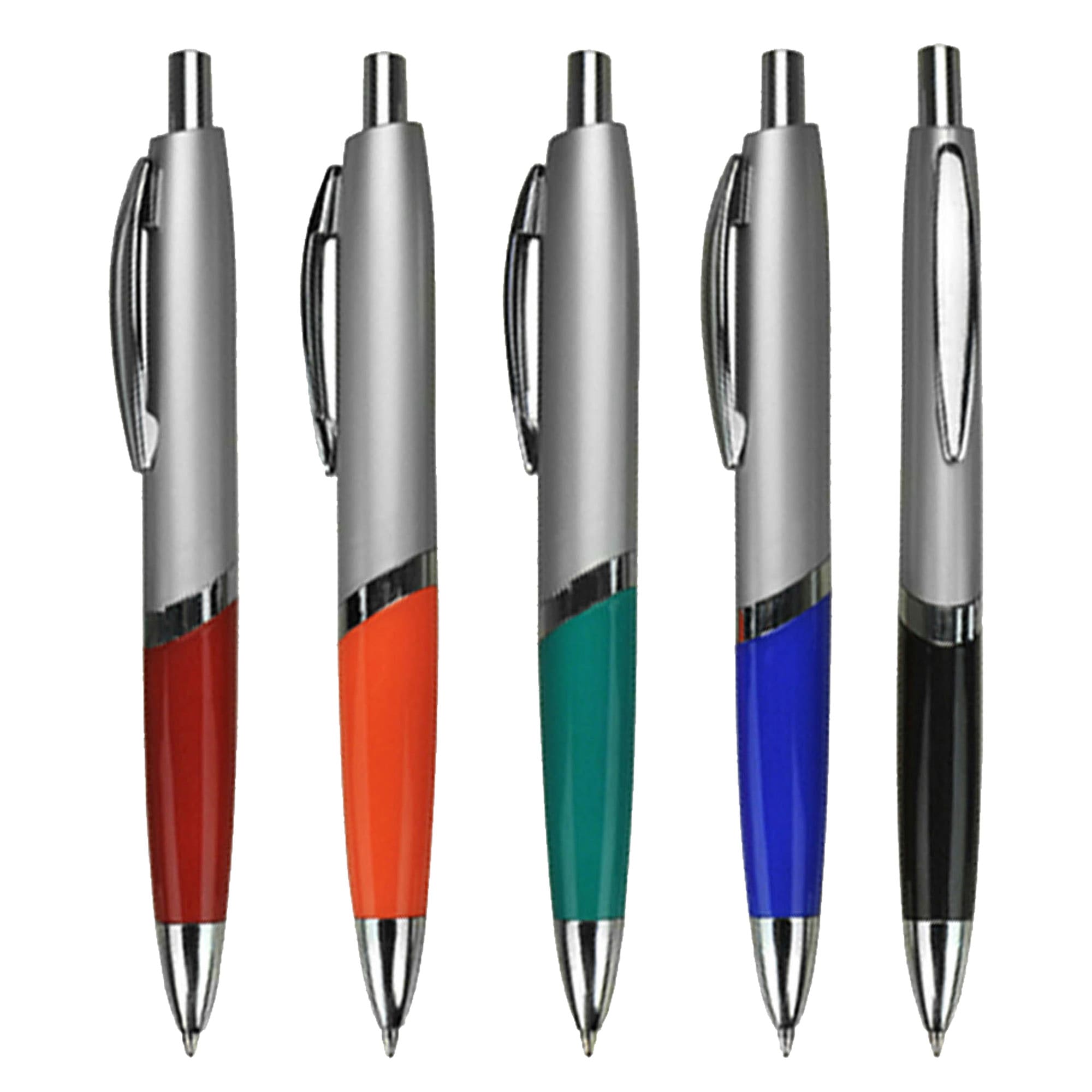 A selection of five plastic pens in red, orange, teal, blue, and black, featuring silver accents and a branding logo. Gloss - Image 1