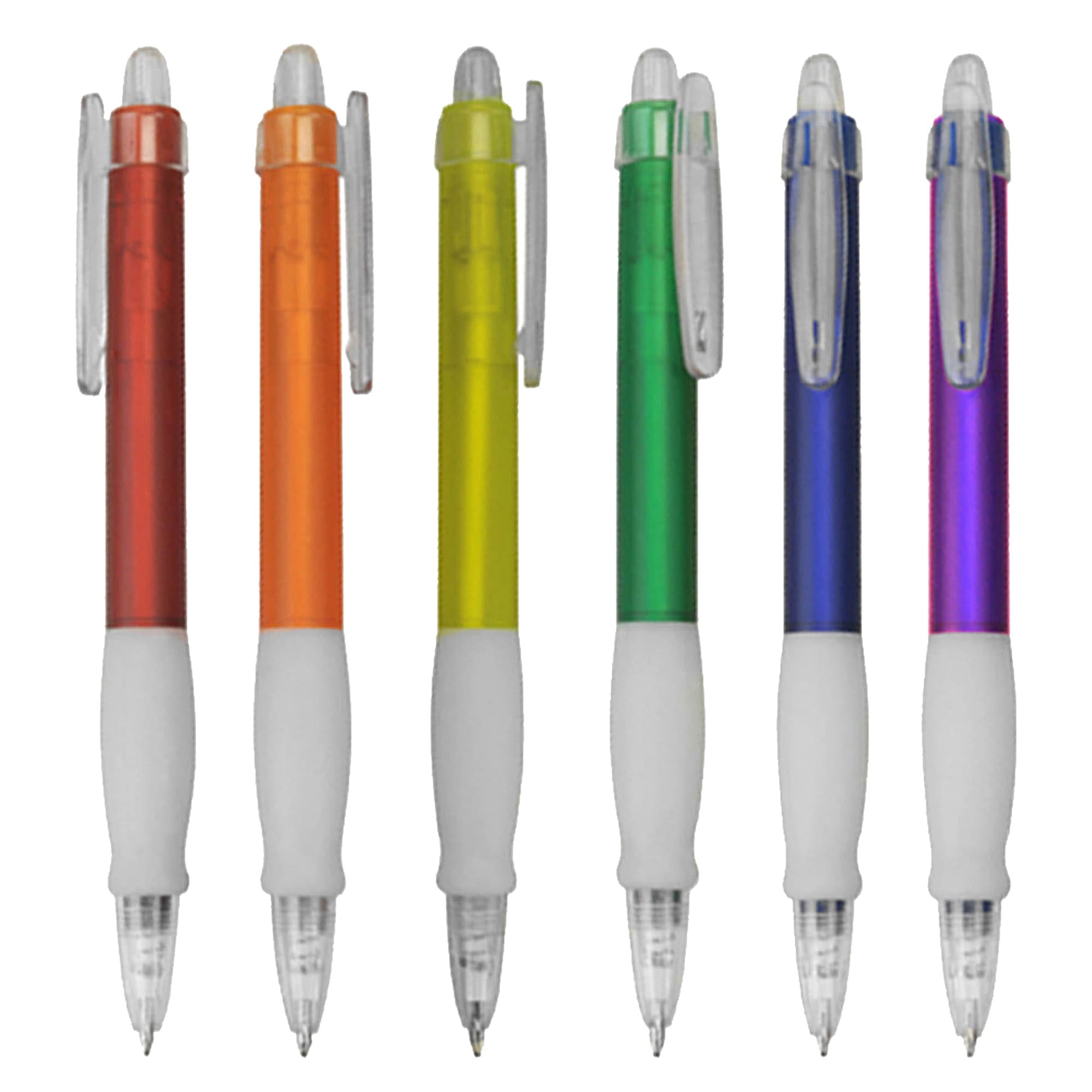 A collection of plastic pens in orange, yellow, green, and purple with white grips and transparent tops, featuring a logo. Gleam - Image 1