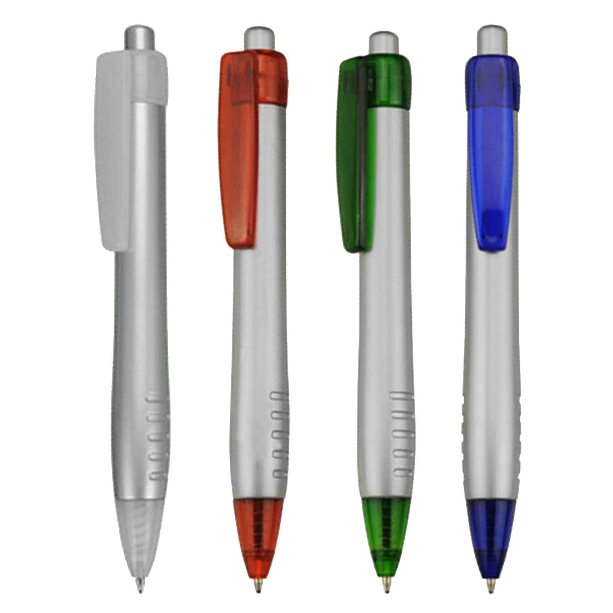 Four plastic pens in silver with coloured clips: red, green, blue, and grey. Each pen features a logo. Classic - Image 1