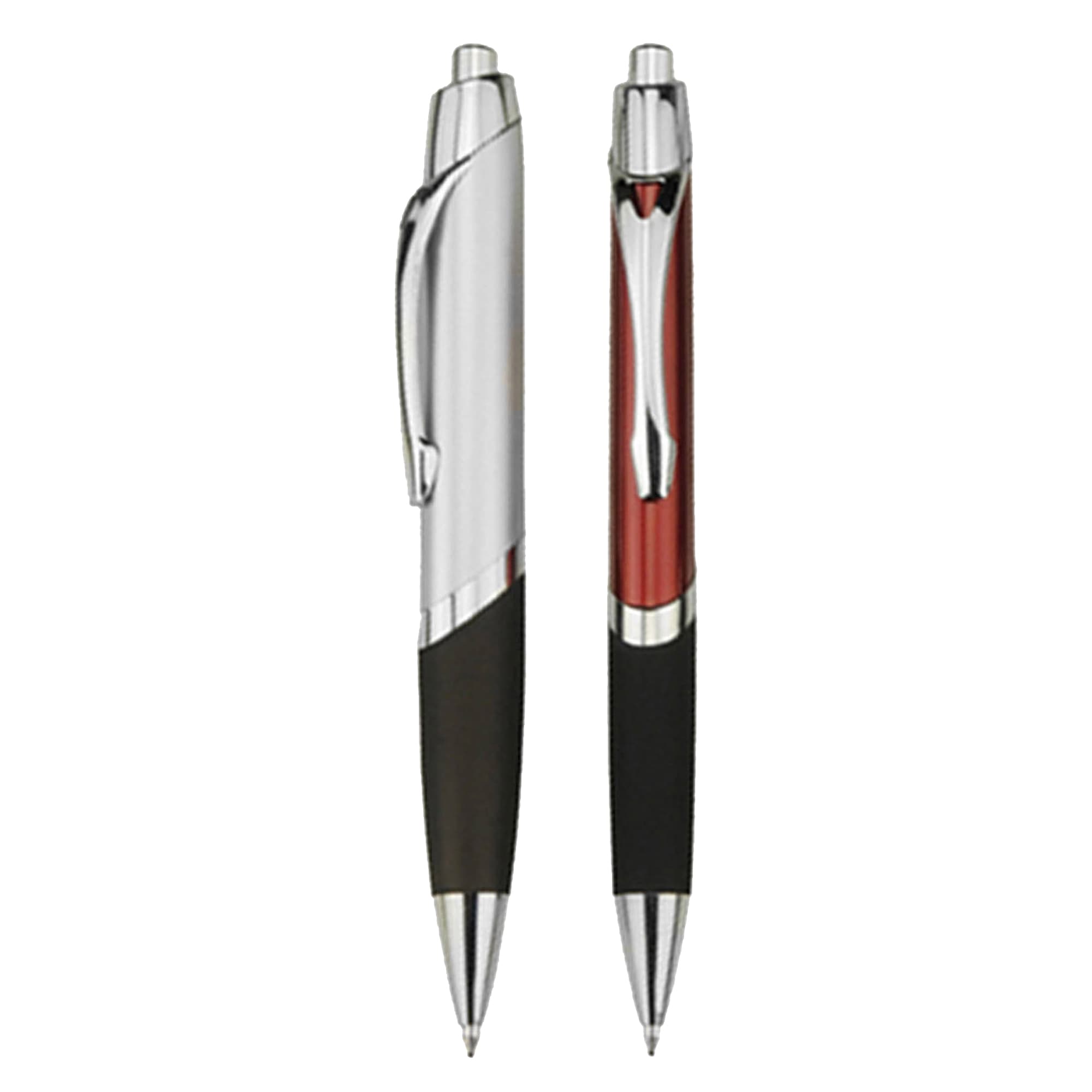 A set of two plastic pens, one in silver and black, the other in red and black, with a branding logo. Antartic - Image 1