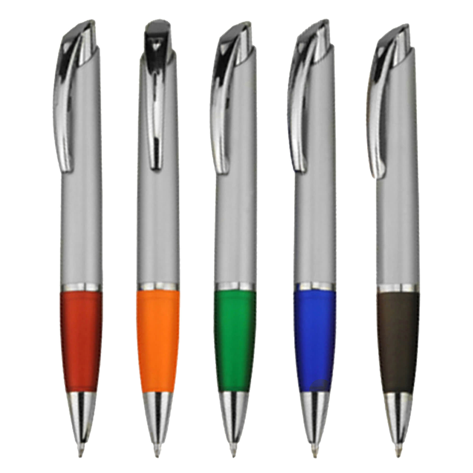 A set of five plastic pens in red, orange, green, blue, and brown with chrome accents and a logo on each pen. Idol - Image 1