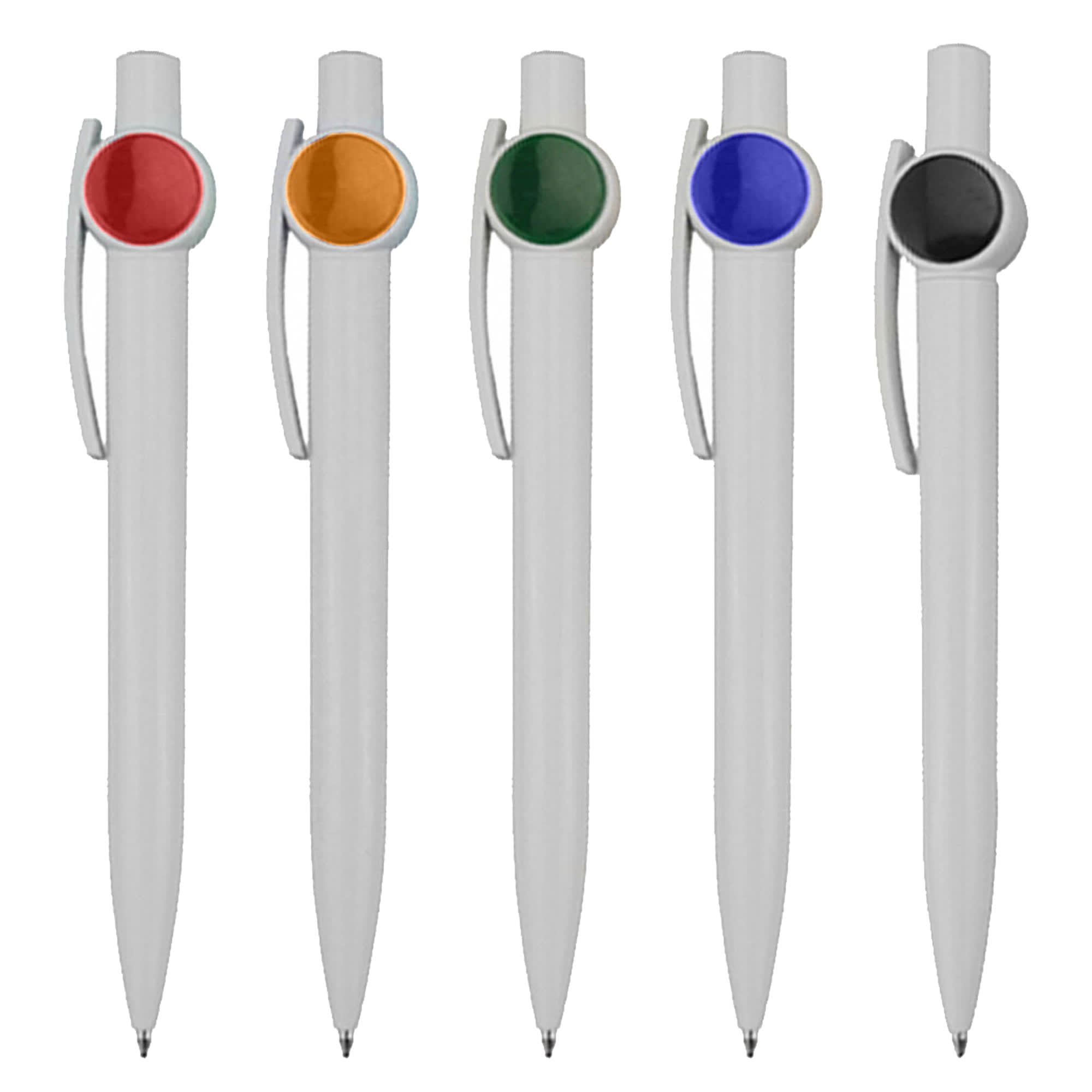 A collection of five plastic pens in white with coloured accents: red, orange, green, blue, and black. Each has a logo. Enviro - Image 1