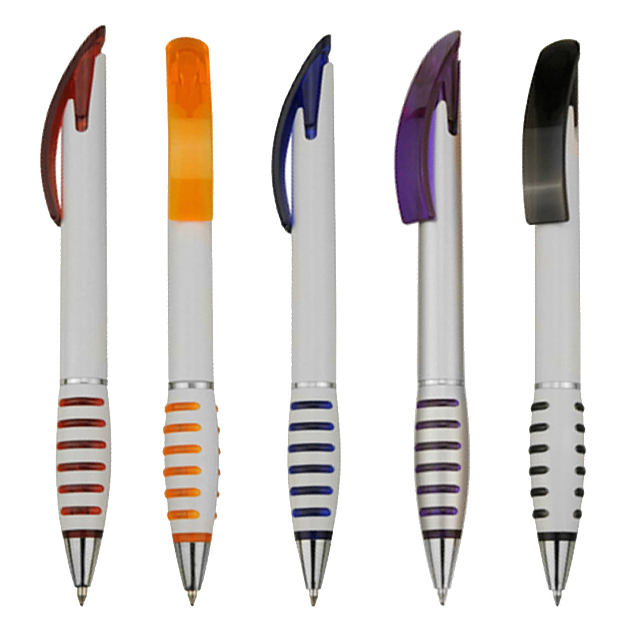 A selection of plastic pens in red, orange, purple, and black, featuring a white barrel and grip designs. Chic - Image 1