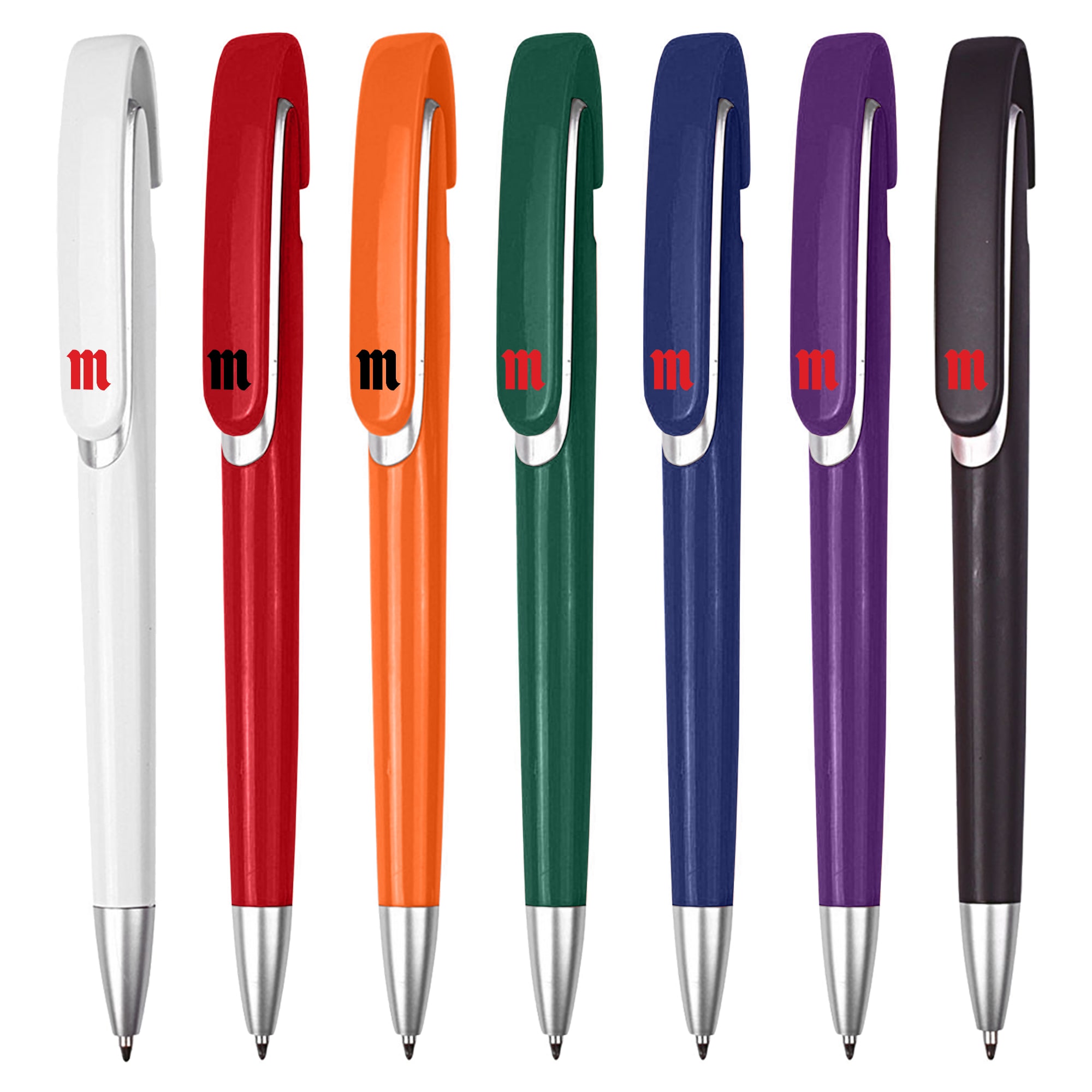 A selection of "Tahlia Coloured" plastic pens in white, orange, green, blue, purple, and black, each with a logo. Tahlia Coloured - Image 1