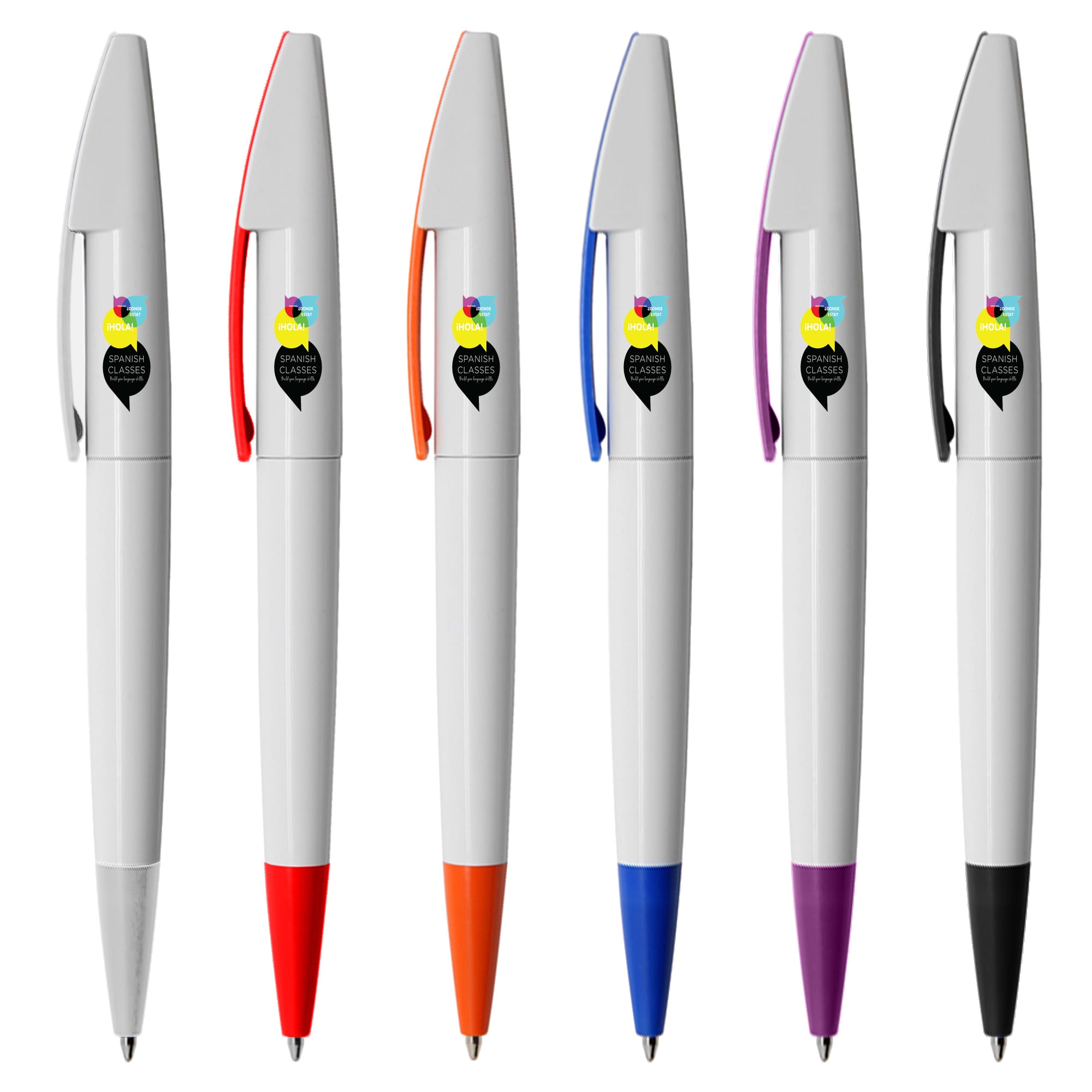 A collection of plastic pens in white, featuring caps in orange, red, blue, purple, and black, with branding on each. Shark - Image 1