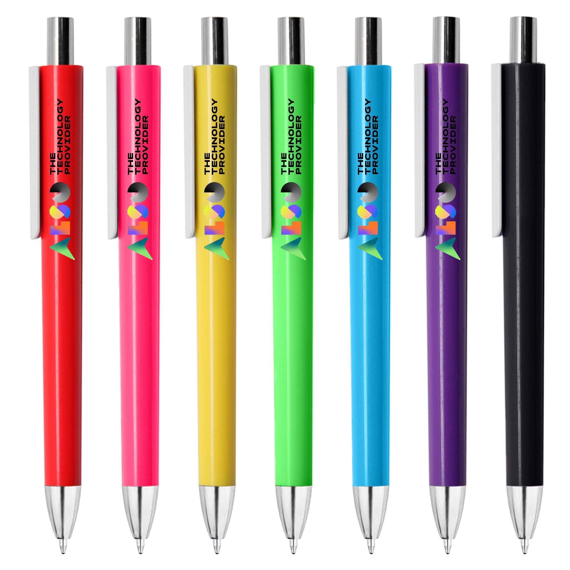 A set of six plastic pens in red, yellow, green, pink, purple, and black, each featuring a logo. Tube - Image 1