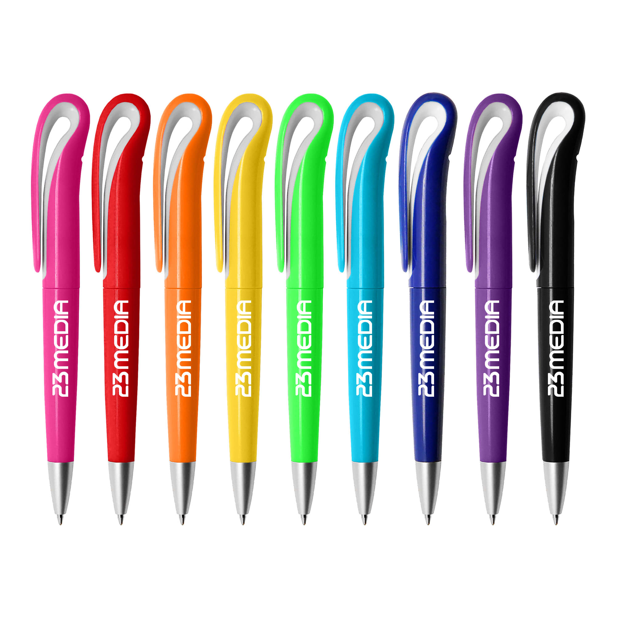 A collection of plastic pens in red, orange, green, yellow, blue, purple, and black with a logo design. Berwood - Image 1