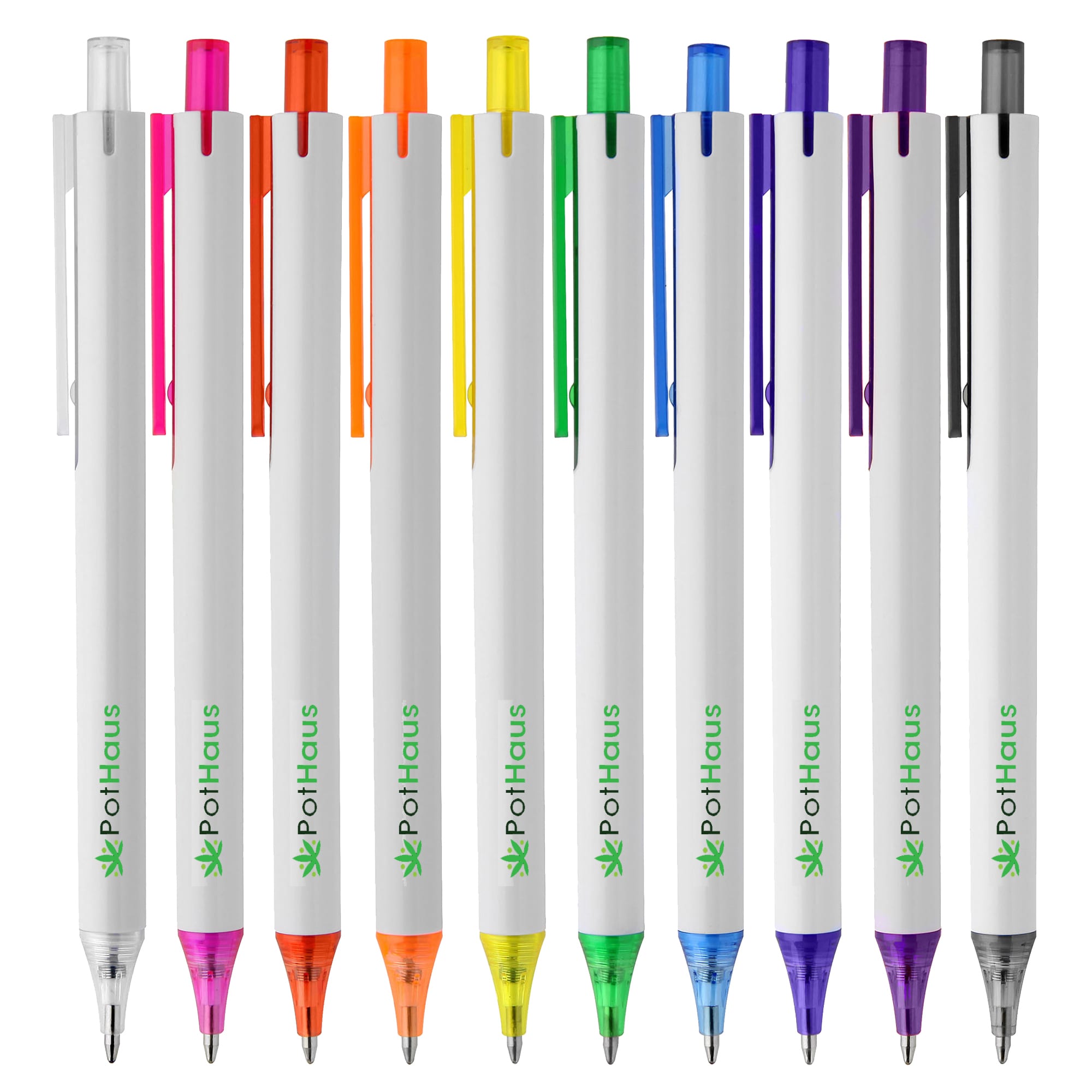 A collection of plastic pens in various colours with white barrels and a logo. York White - Image 1