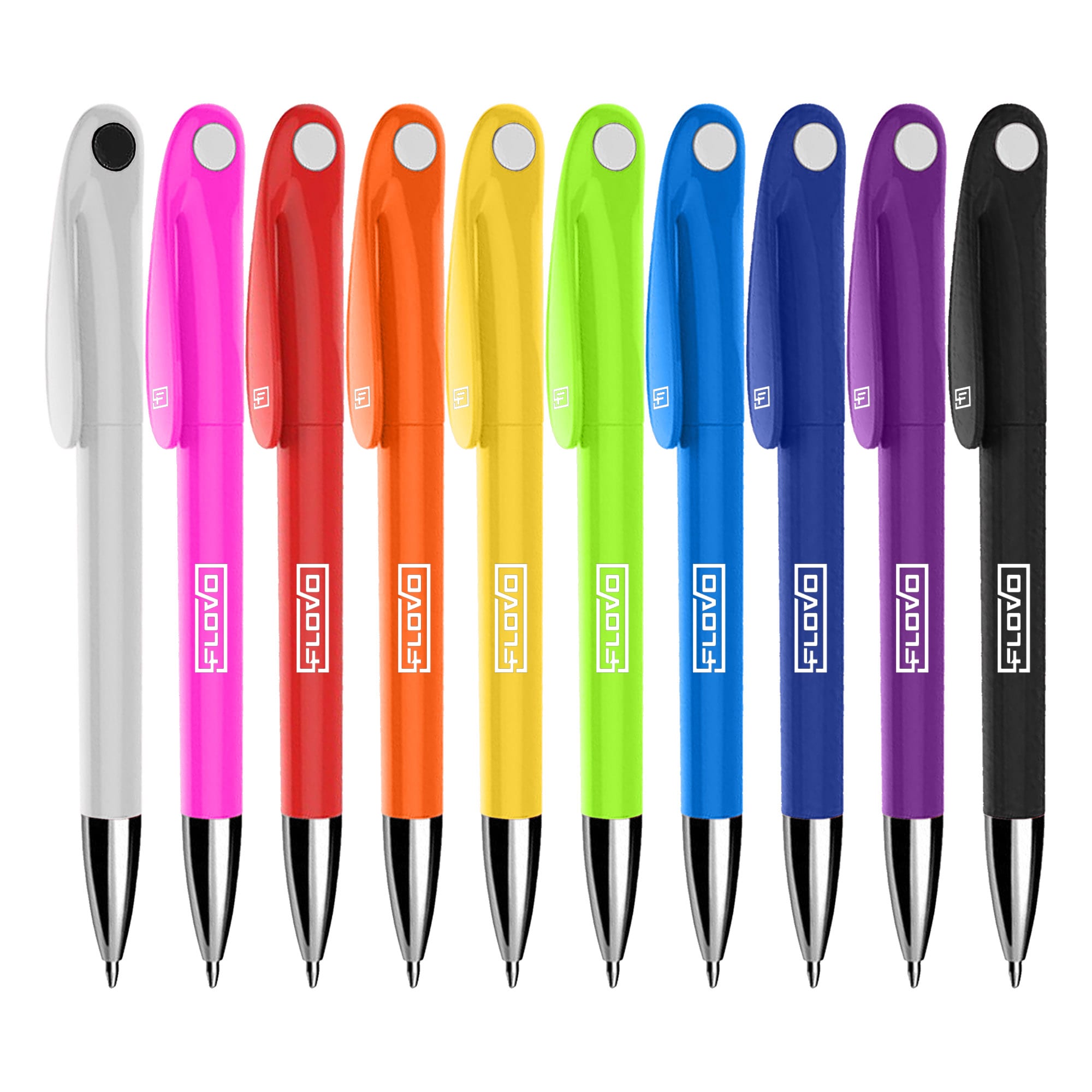 A collection of plastic pens in white, pink, orange, yellow, green, blue, and black, featuring a logo. Rabbit - Image 1
