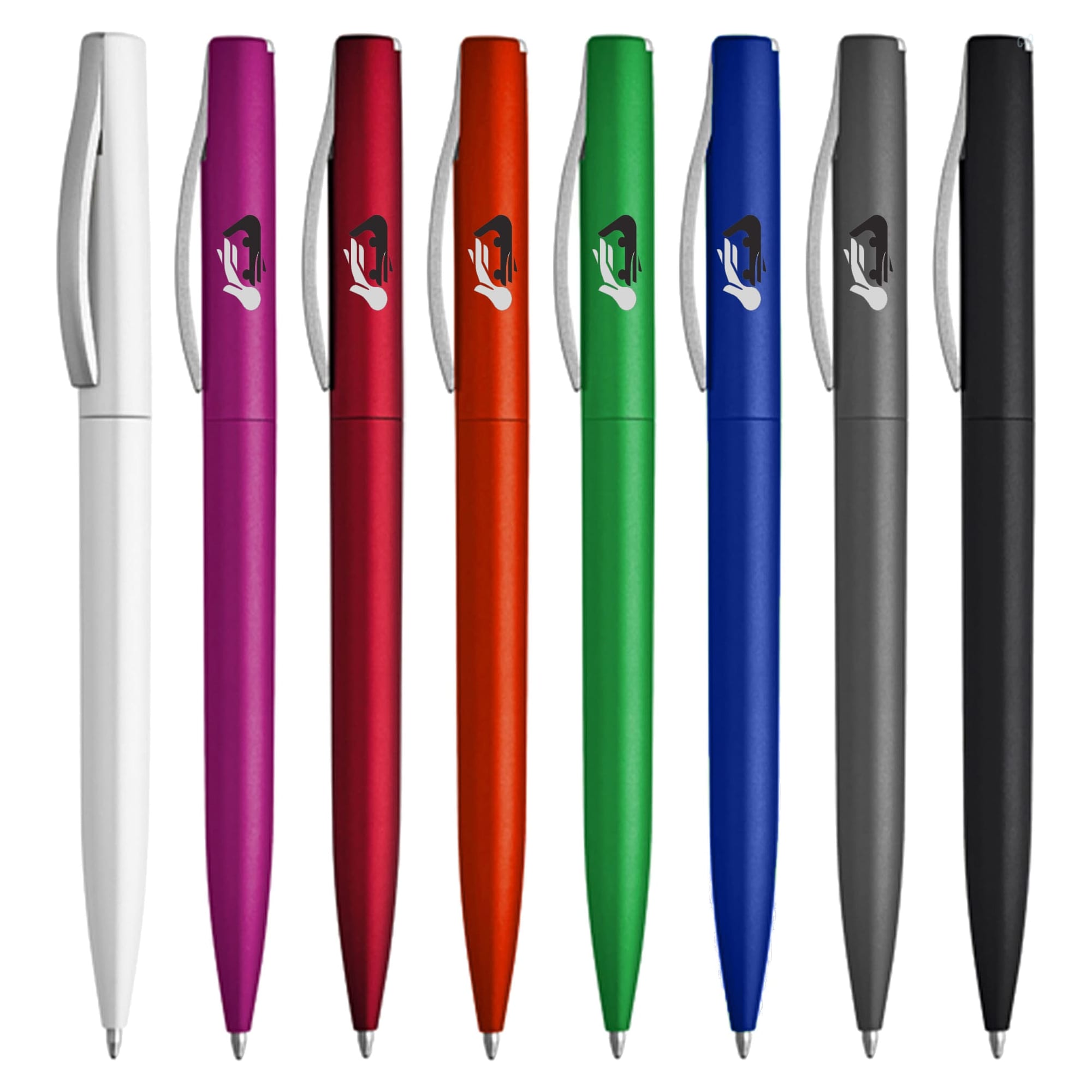 A selection of plastic pens in white, red, purple, orange, green, blue, black, and grey, each with a logo. Banko Metallic - Image 1