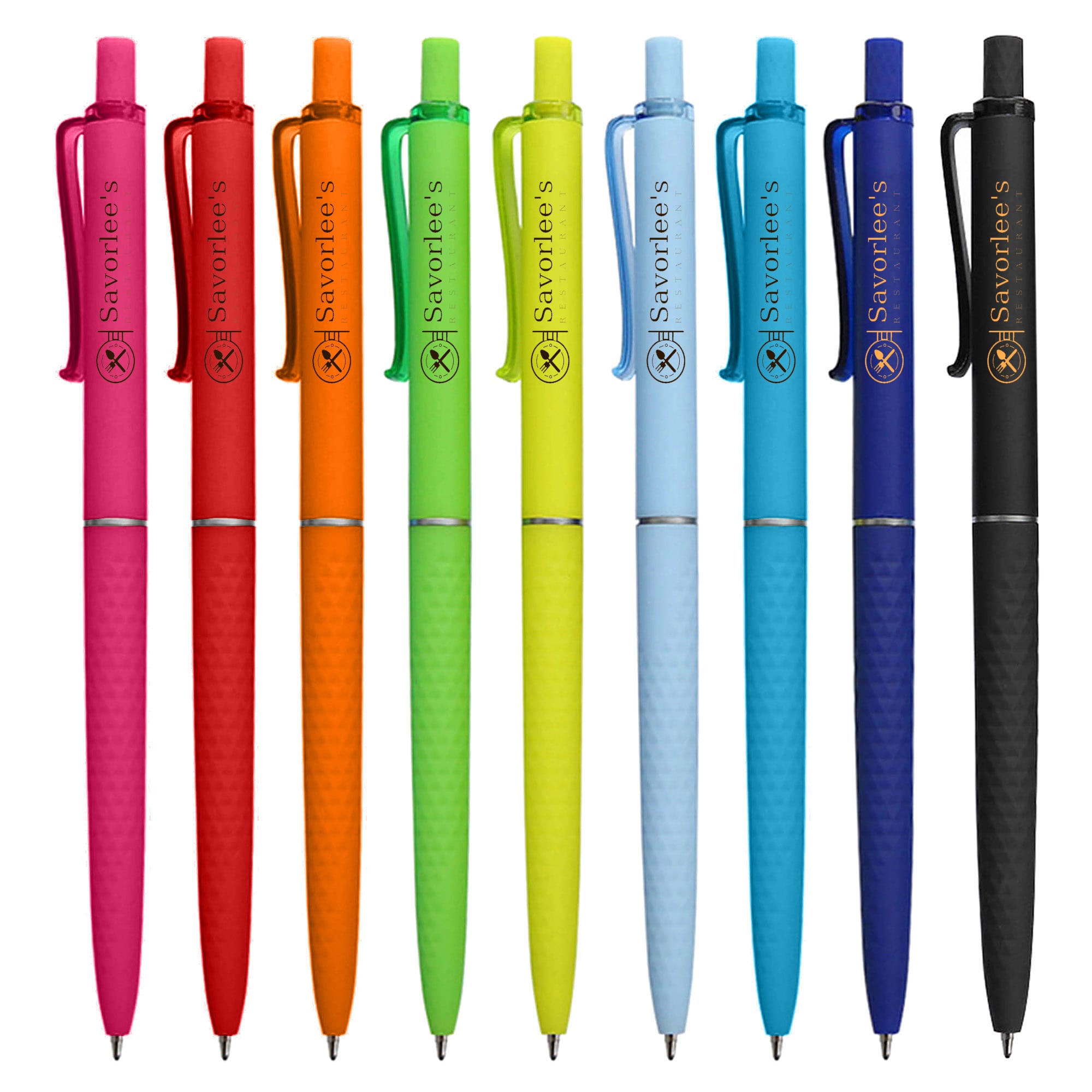 A collection of plastic pens in various colours, including pink, orange, green, yellow, blue, and black. Each pen features a clip and has a logo. Binet - Image 1