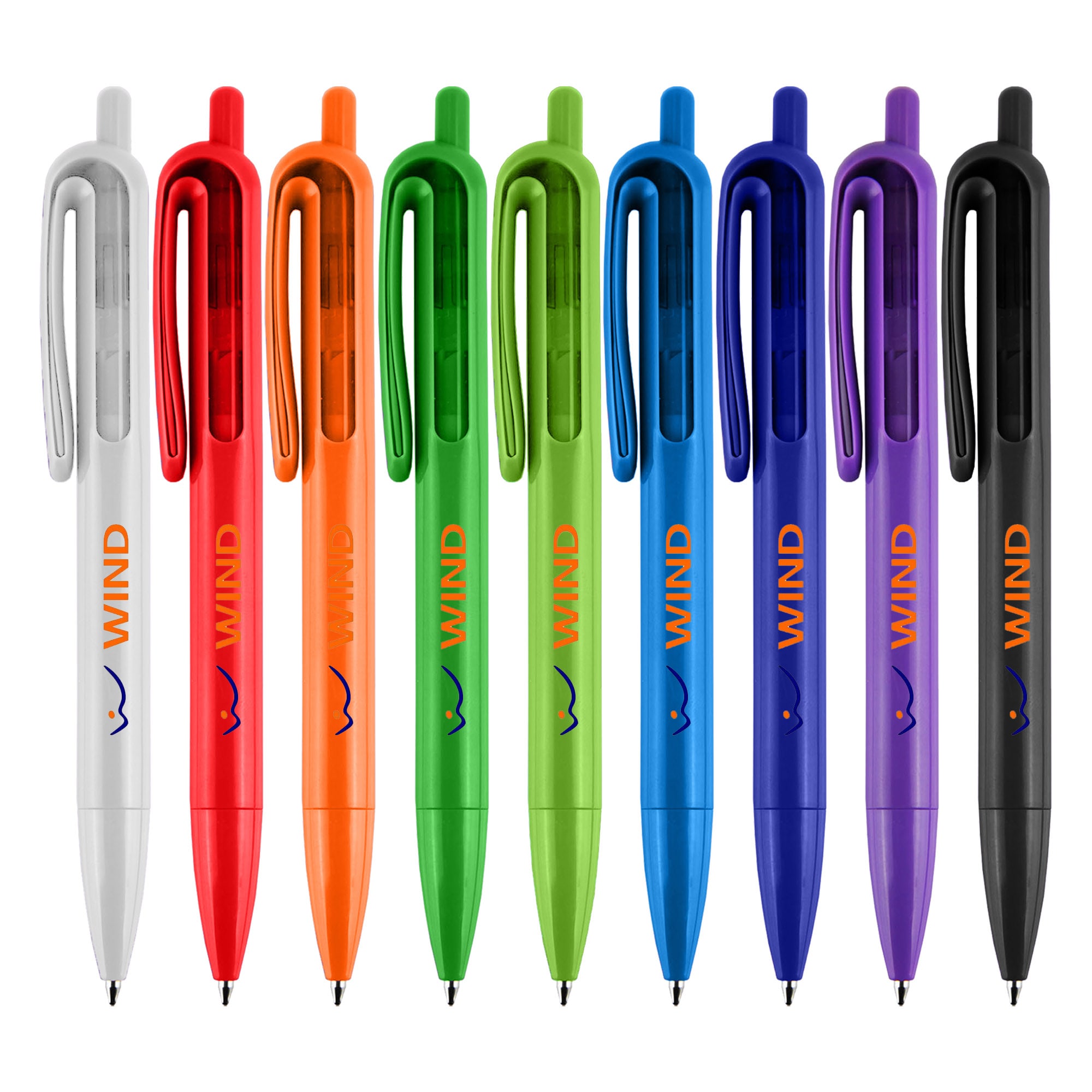 A collection of plastic pens in white, orange, green, blue, purple, and black, featuring a logo. Alfa - Image 1