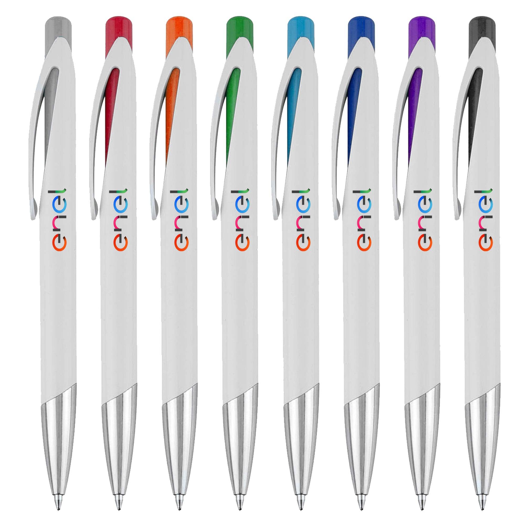 A collection of eight plastic pens in white with various coloured tops: orange, green, blue, purple, and more. Each has a branding logo. Madrid - Image 1