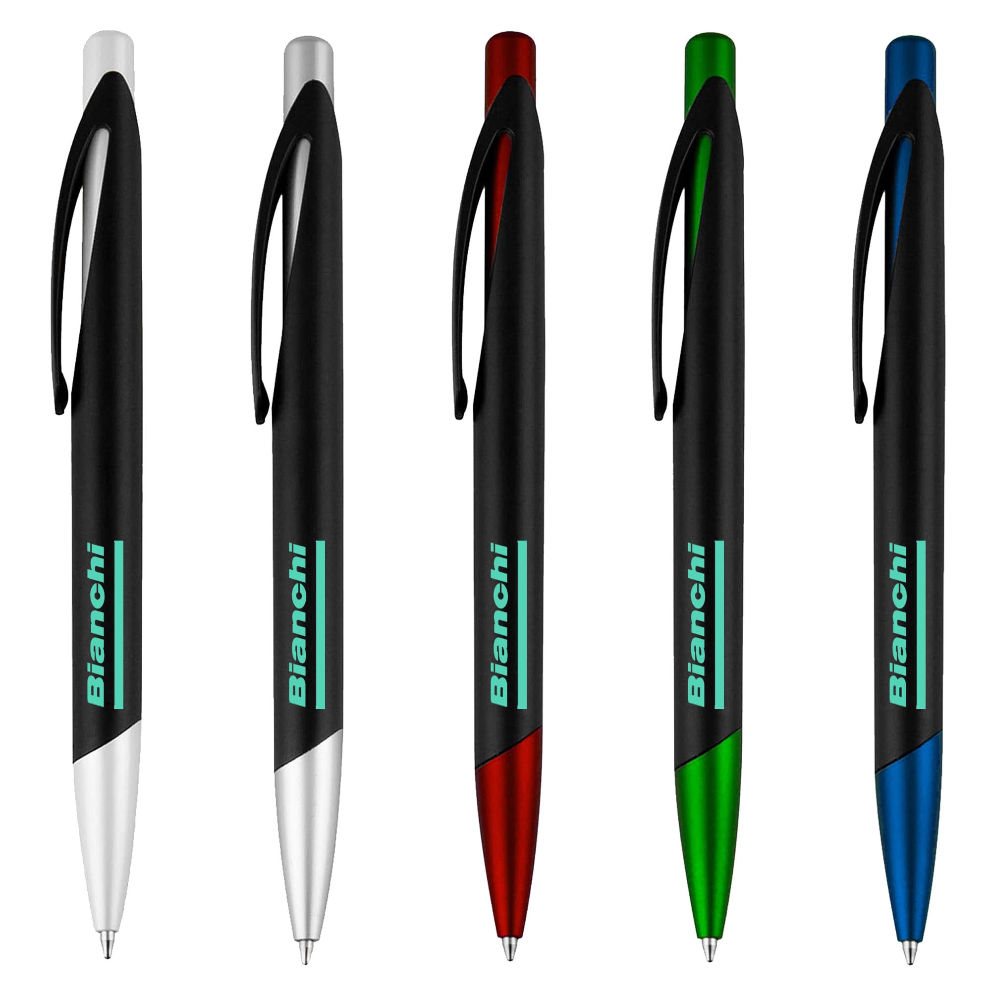 A set of five plastic pens in white, red, green, and blue, featuring black grips and a logo. Alicante - Image 1