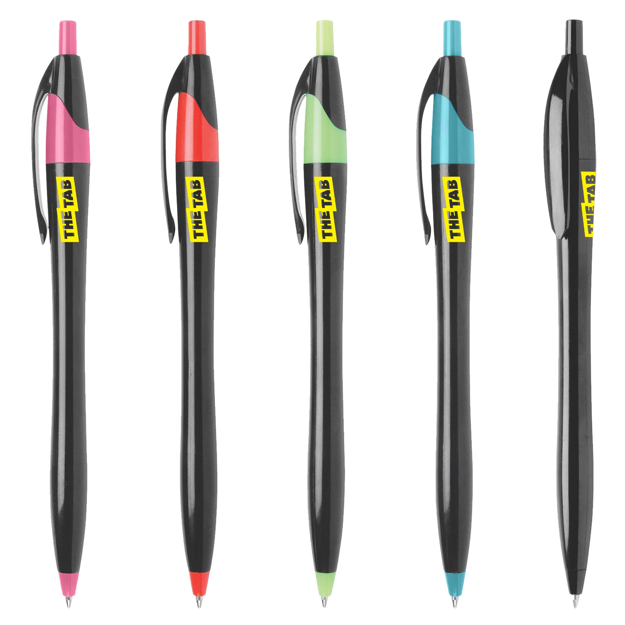 A collection of five black plastic pens with assorted coloured tops: pink, red, green, blue, and black. Each pen has a logo. Oracle Black - Image 1