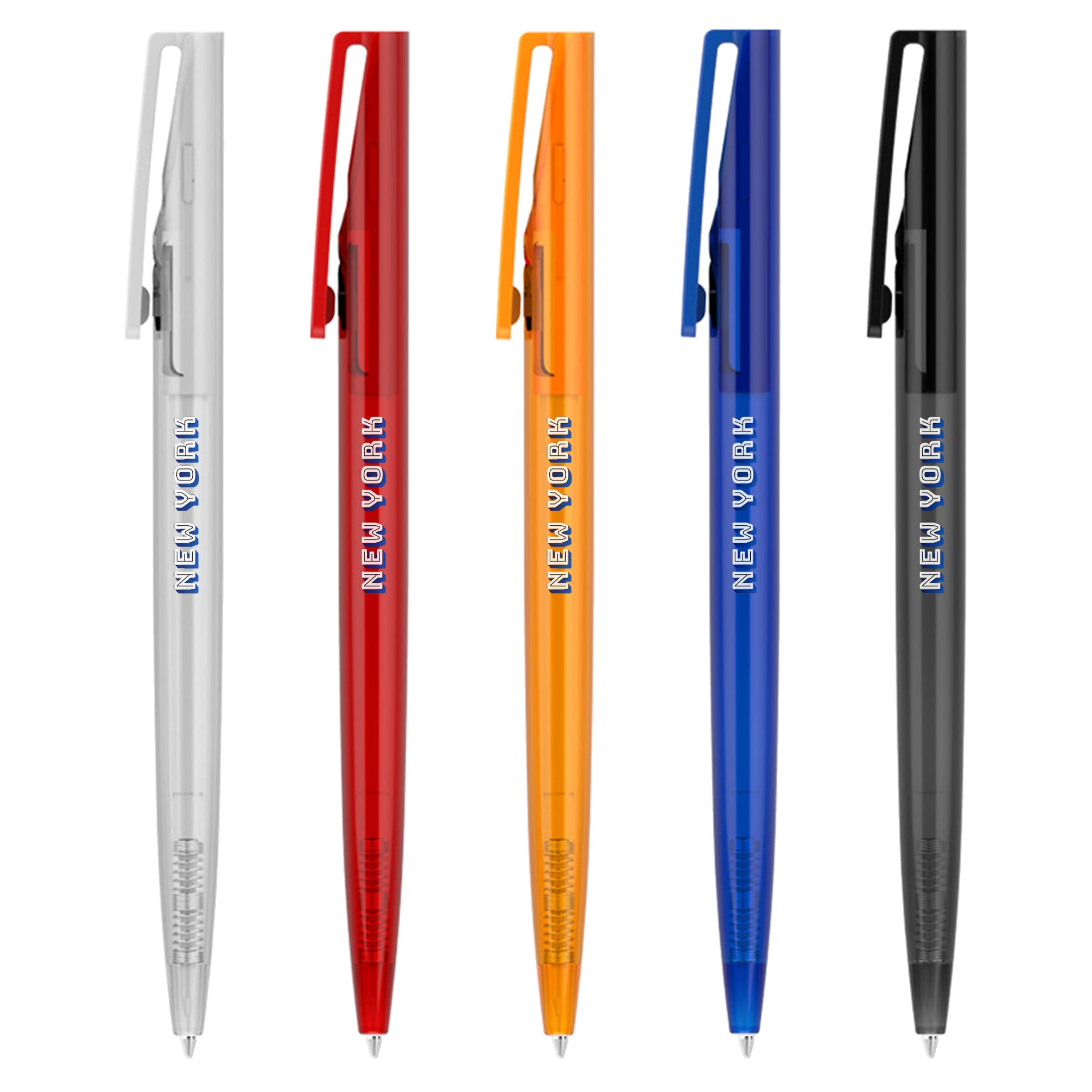 A range of plastic pens in silver, red, orange, blue, and black, each featuring a logo. Myla - Image 1