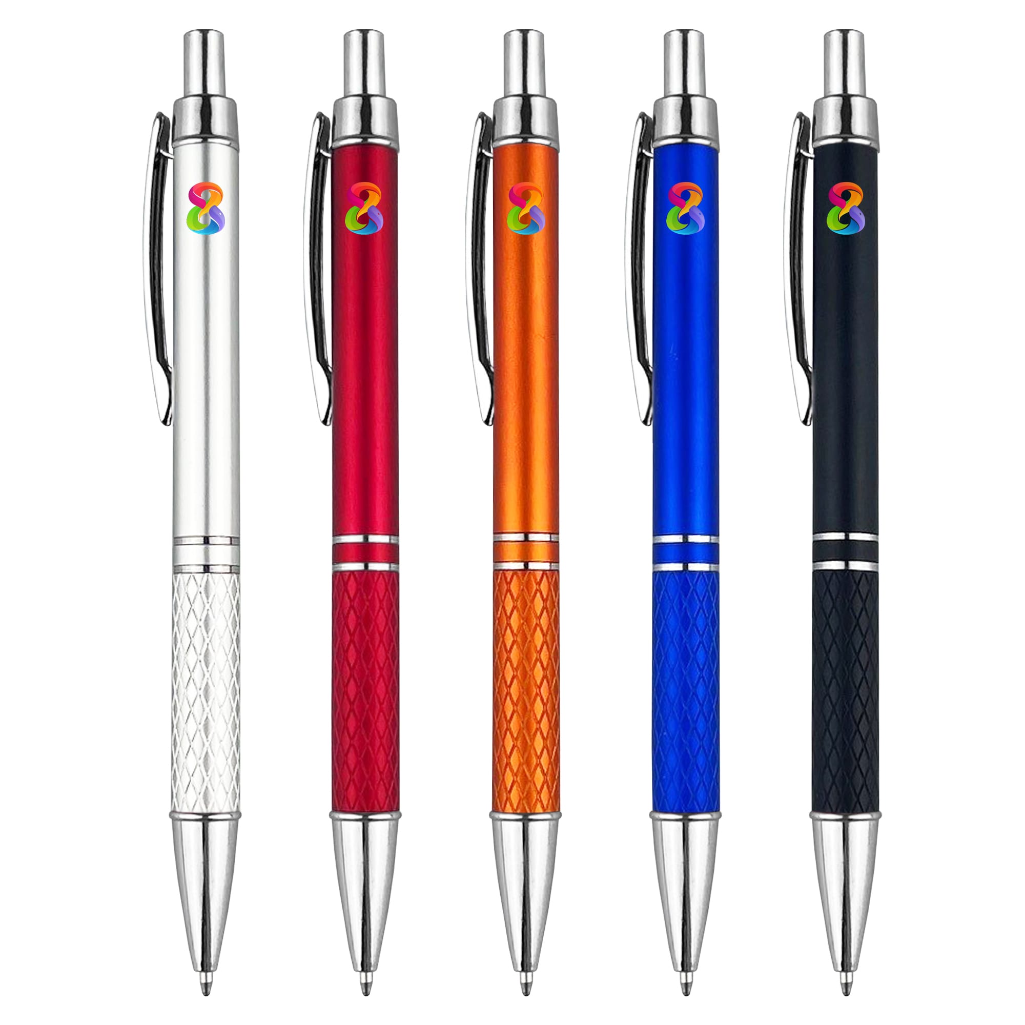 A selection of five plastic pens in silver, red, orange, blue, and black with a logo on each. Interwell - Image 1
