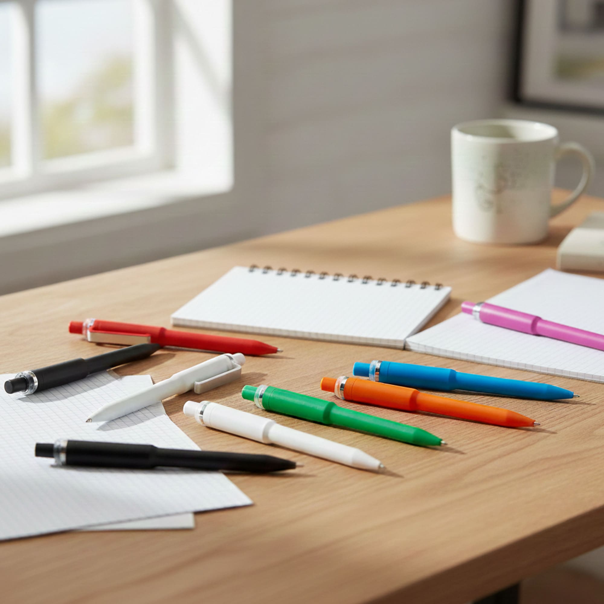 A collection of plastic pens in black, white, green, orange, blue, and pink, arranged on a wooden desk with notepads. Stanley Plastic Pen - Image 1