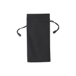 A black pouch with a drawstring closure, designed for toiletries and accessories. Features a logo.