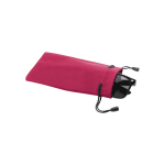 A pink pouch with drawstring closure containing a pair of sunglasses. Features a logo on the pouch.