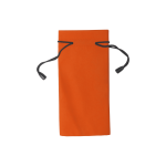 An orange toiletry pouch with a drawstring closure and black cords. It features a logo on one side.