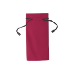 A red pouch with a drawstring closure, featuring a sleek design and a branding logo.