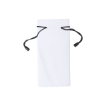 A white pouch with a drawstring closure, featuring black accents. It includes a logo.