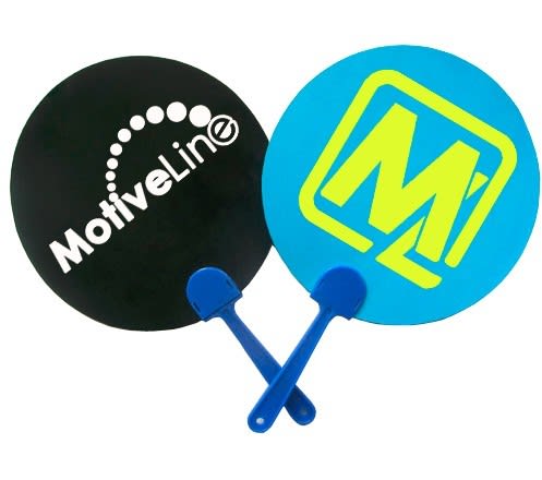 A pair of round hand fans featuring a black side with a logo and a blue side with a logo, both with blue handles. PP Hand Fans - Image 1