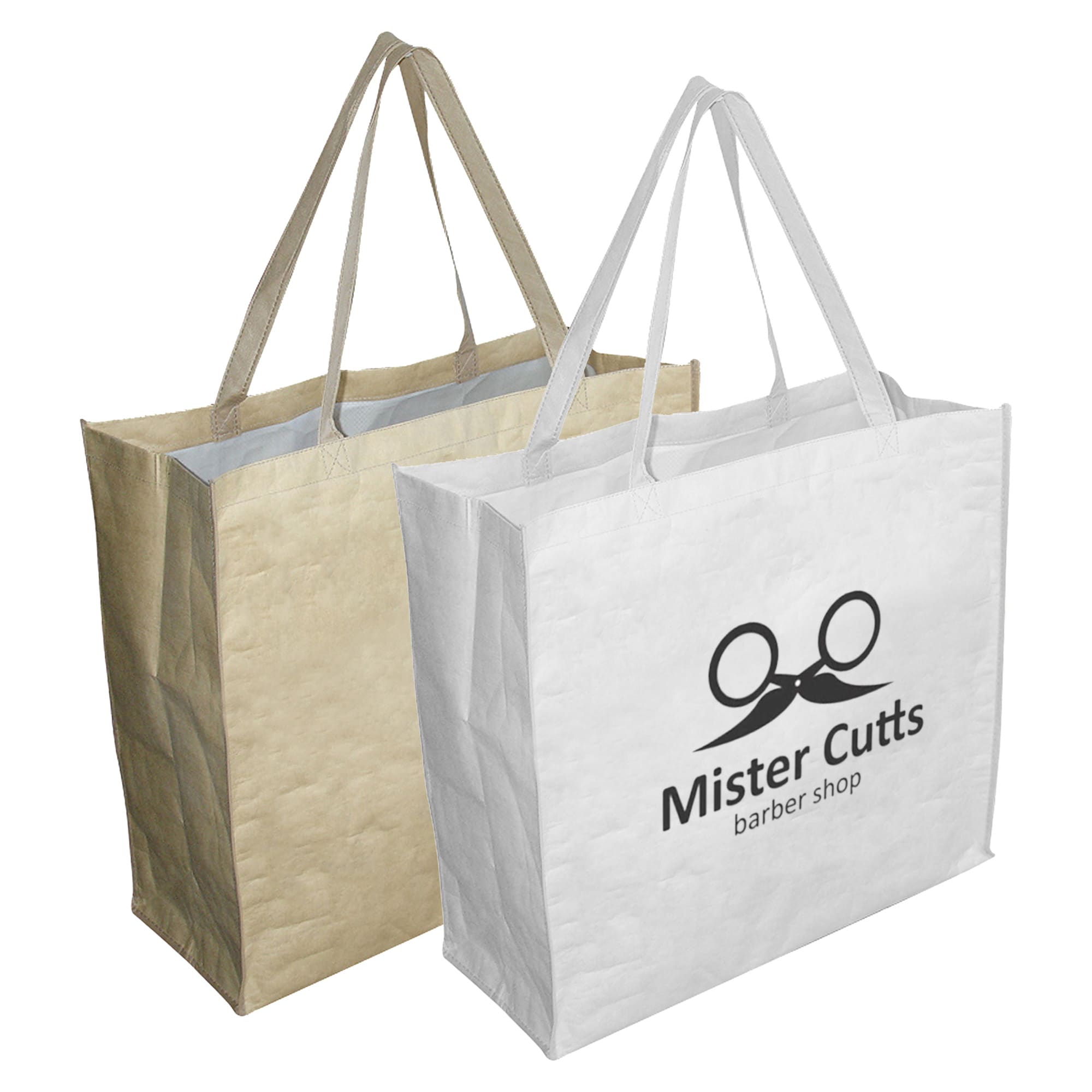 Two extra large paper bags with gussets, one in gold and one in white, both featuring a logo on the front. Paper Bag Extra Large with Gusset - Image 1