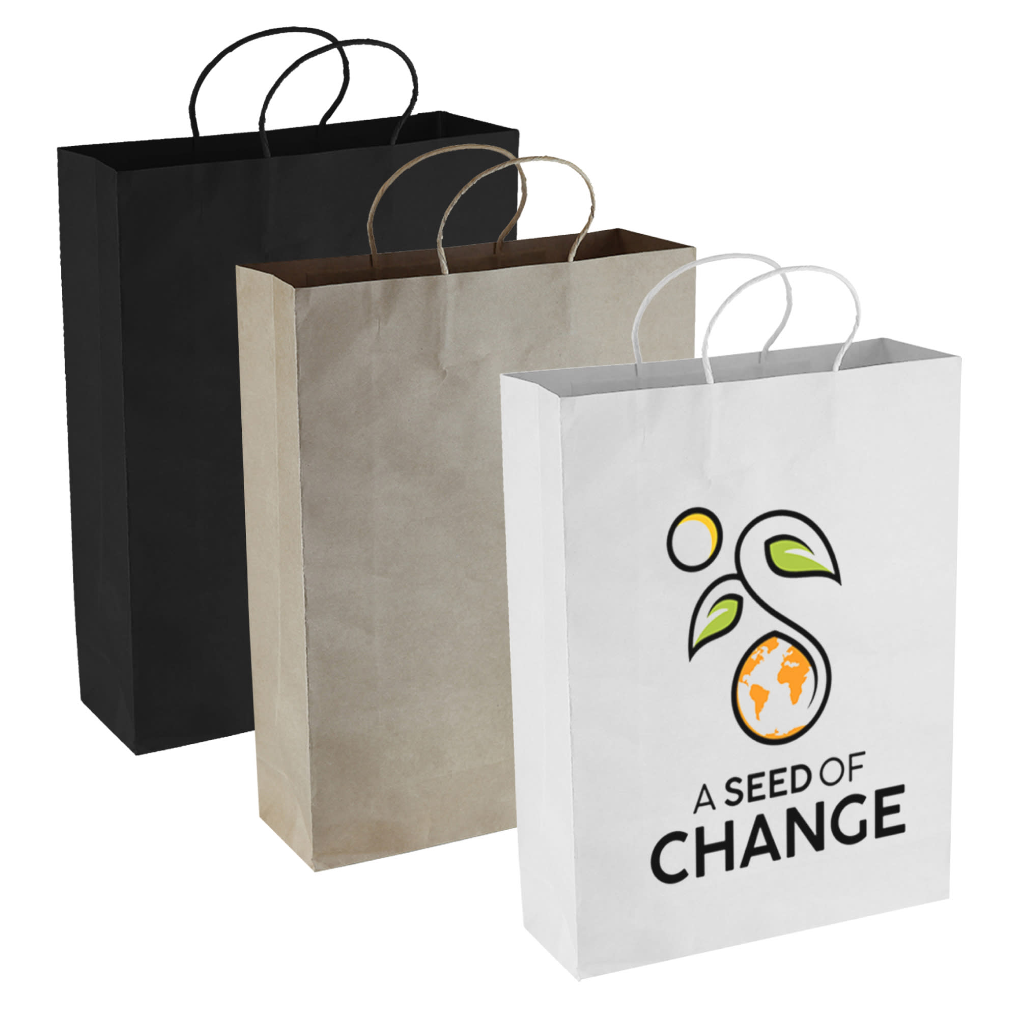 A set of three Paper Kraft shopping bags in black, brown, and white, featuring a logo on the white bag. Paper Kraft Shopping Bag - Image 1