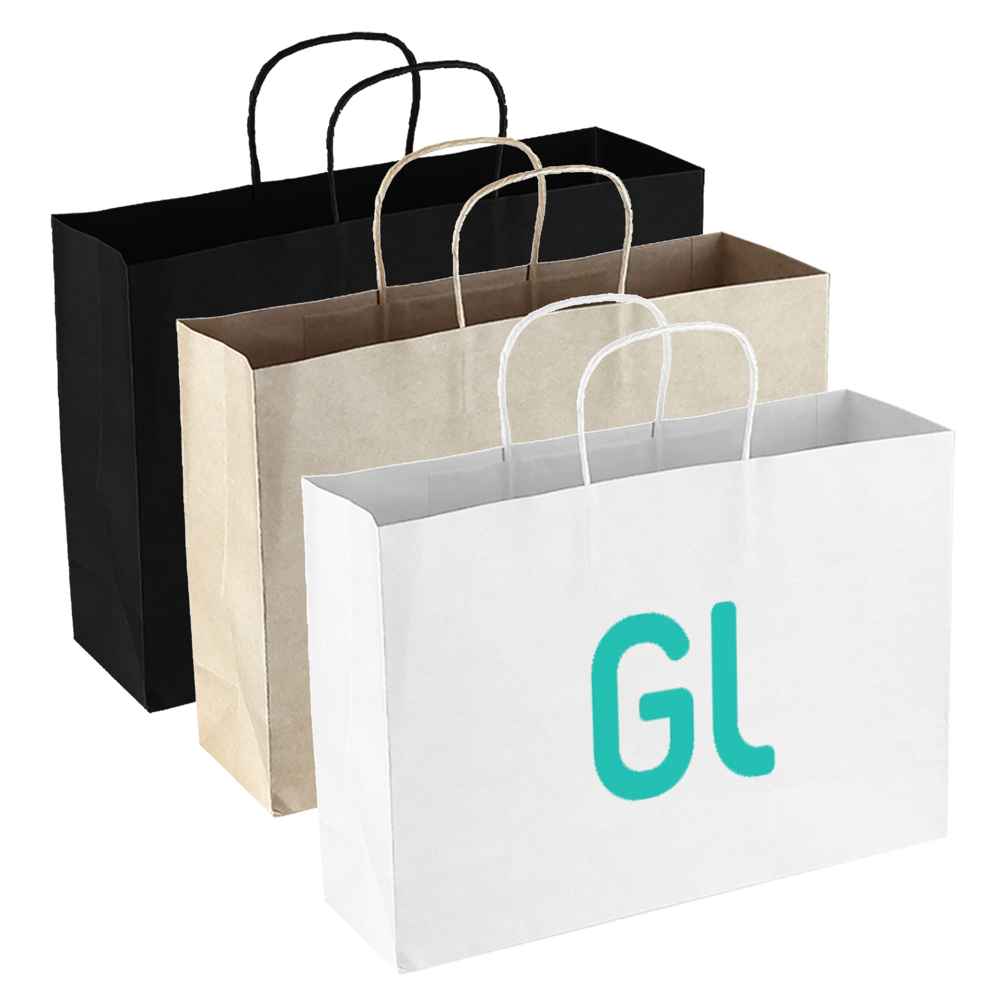 Three paper bags in black, brown, and white with handles; the white bag features a logo. Paper Shopper - Image 1