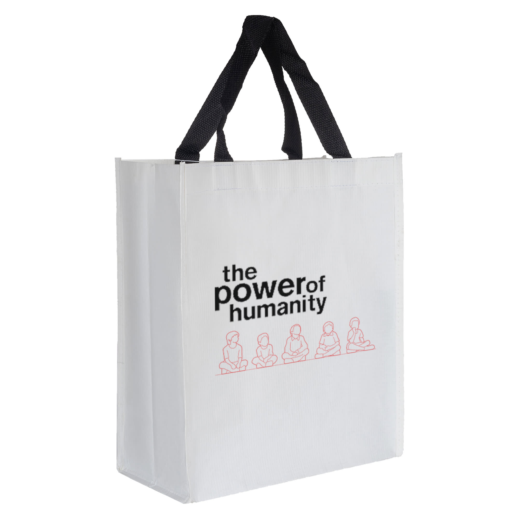 A white paper bag with black handles and a logo featuring four seated figures in a pink graphic. Warp and Weft Paper Bag - Image 1