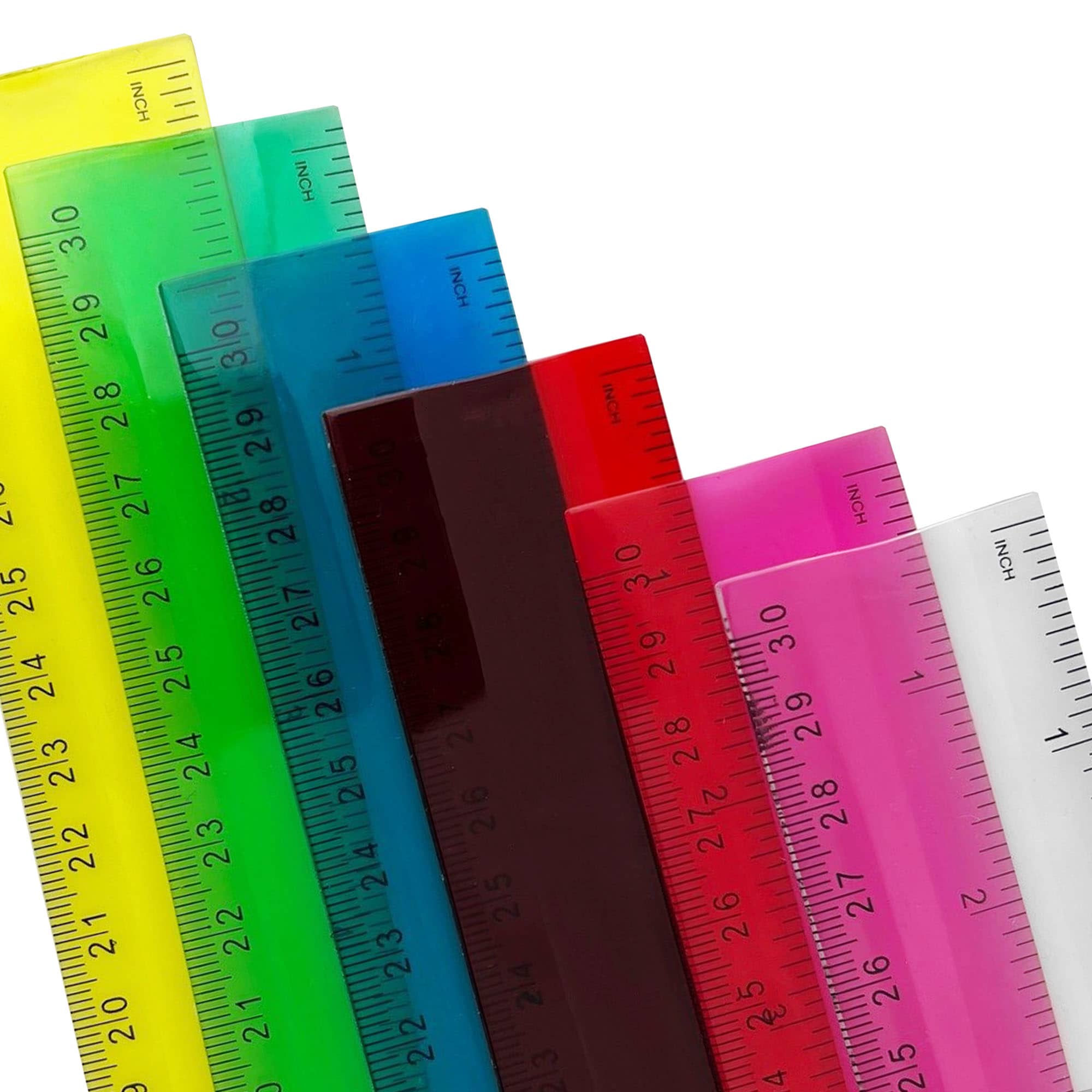 A variety of PVC soft plastic rulers in multiple colours, featuring measurement markings and a logo. PVC Soft Plastic Ruler - Image 1