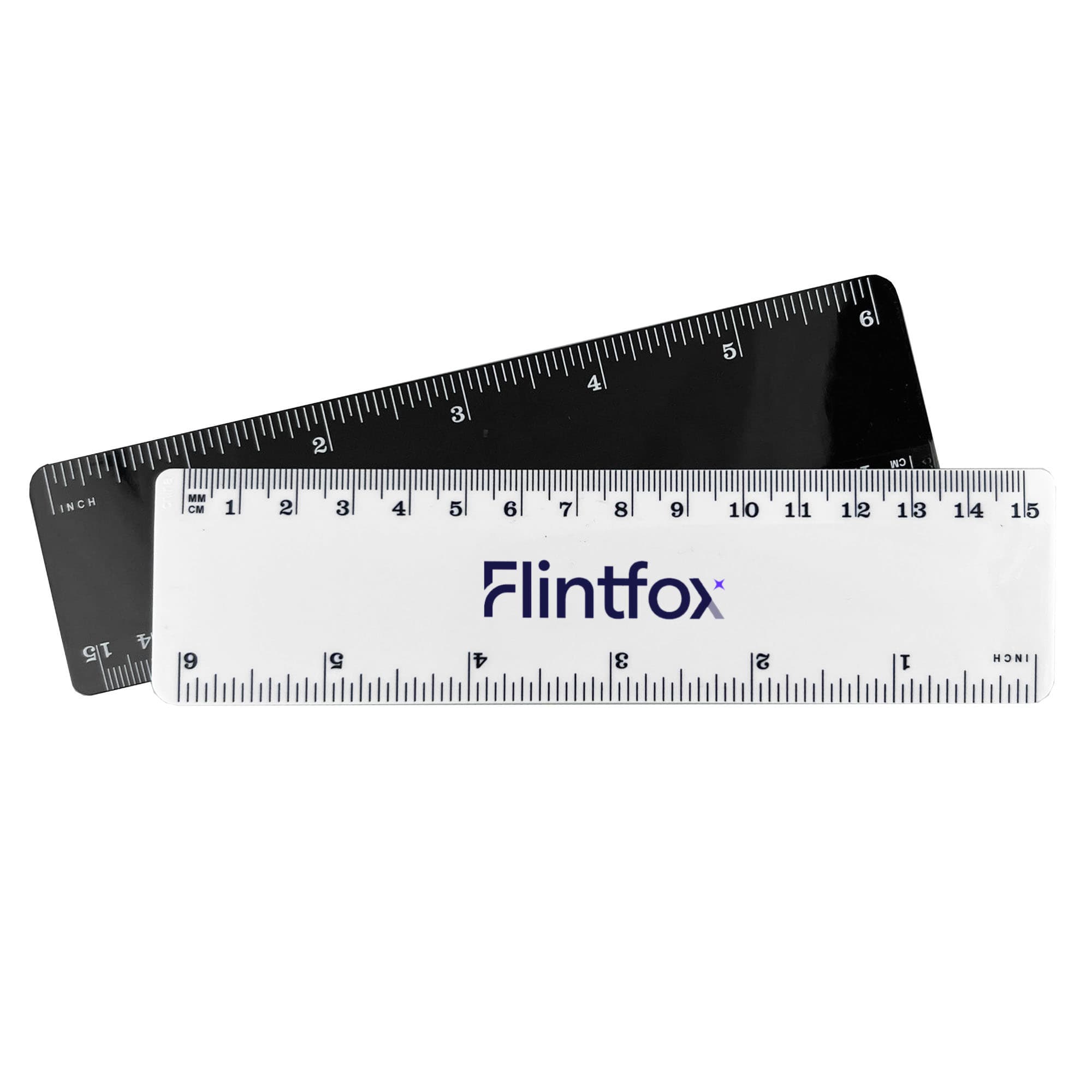 A 15cm plastic ruler in white and black, featuring measurement markings and a branding logo. Plastic Ruler 15cm - Image 1