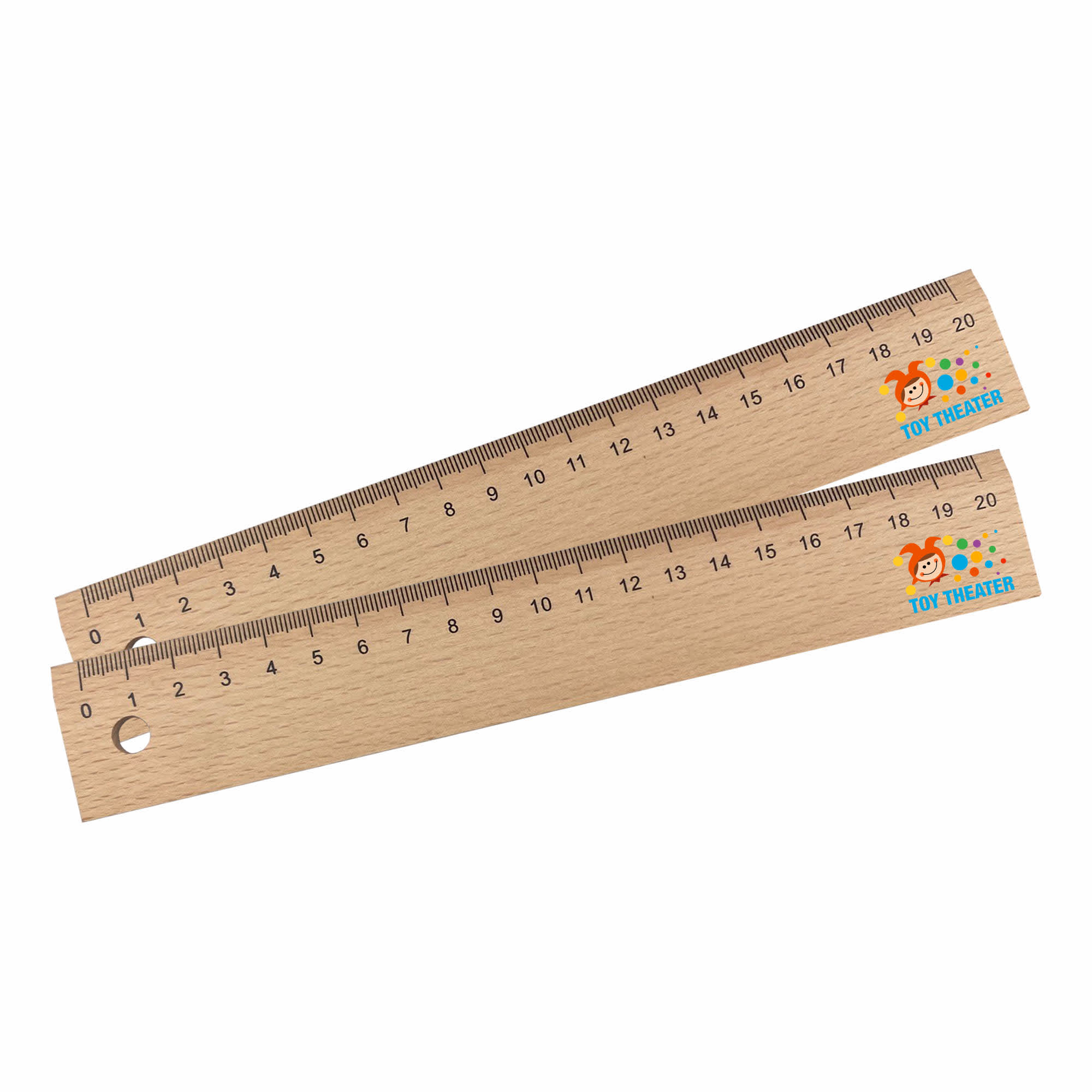 A wooden 20cm ruler with measurements, featuring a colourful logo on one end. Wood Ruler 20cm - Image 1