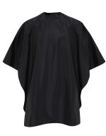 A black waterproof salon gown with a loose, flowing design and batwing sleeves. It features a logo on the front.