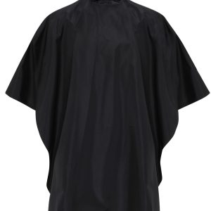 A black waterproof salon gown with a loose, flowing design and batwing sleeves. It features a logo on the front.