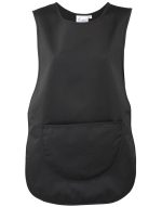A black Pocket Tabard featuring a large front pocket and a simple sleeveless design. It has a logo on the label.