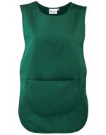 A green Pocket Tabard featuring a large front pocket and a simple, sleeveless design. It has a logo.