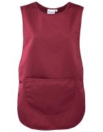 A burgundy Pocket Tabard with a large front pocket and no sleeves, featuring a small branding label.