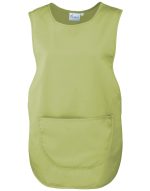A green Pocket Tabard featuring a front pocket and a simple sleeveless design, with a logo on the label.