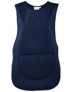 A navy blue pocket tabard, featuring a large front pocket and a sleeveless design. It has a branding logo.
