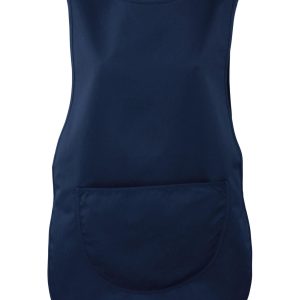 A navy blue pocket tabard, featuring a large front pocket and a sleeveless design. It has a branding logo.