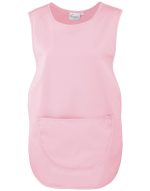 A pink Pocket Tabard featuring a front pocket and a sleeveless design. It has a logo detail on the label.